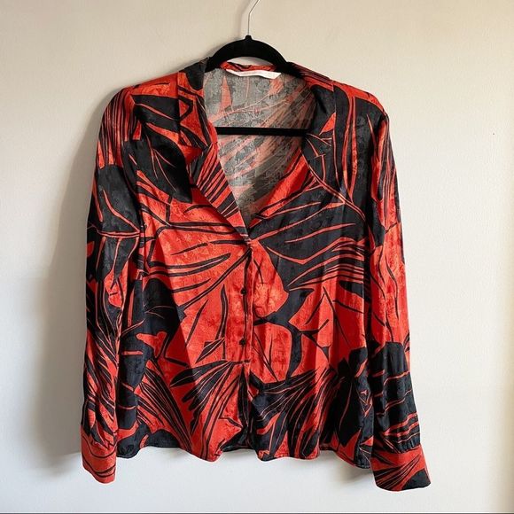 💝(3/$25) Zara Tropical Print Button Up Blouse Red Black Long Sleeve - Picture 4 of 8